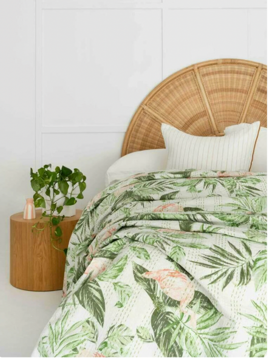Tropical Palm Block Print Bedspread with Kantha Stitch