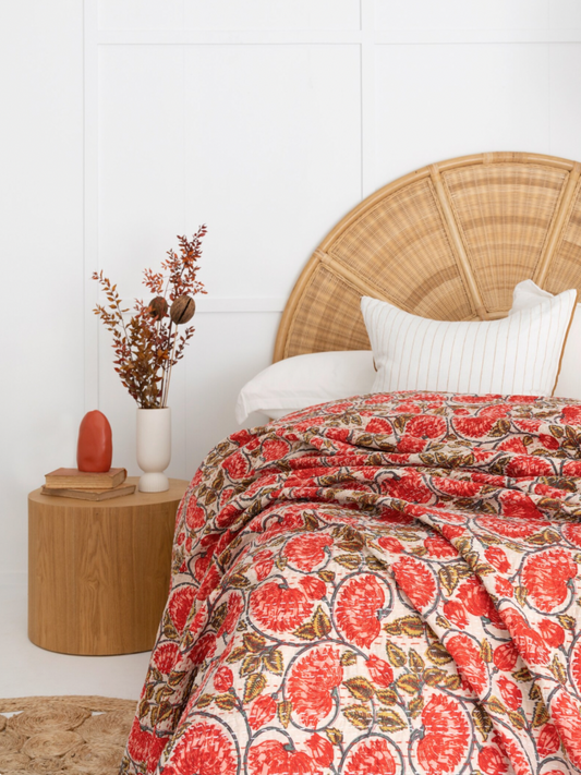 Red Floral Block Print Bedspread with Kantha Stitch
