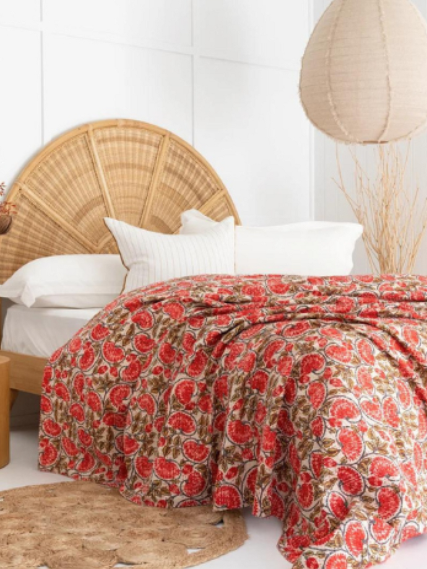 Red Floral Block Print Bedspread with Kantha Stitch