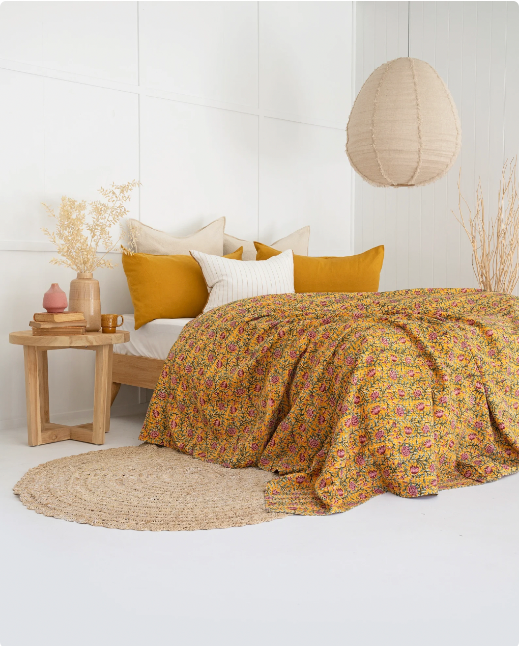 Golden Sunrise Block Print Bedspread with Kantha Stitch