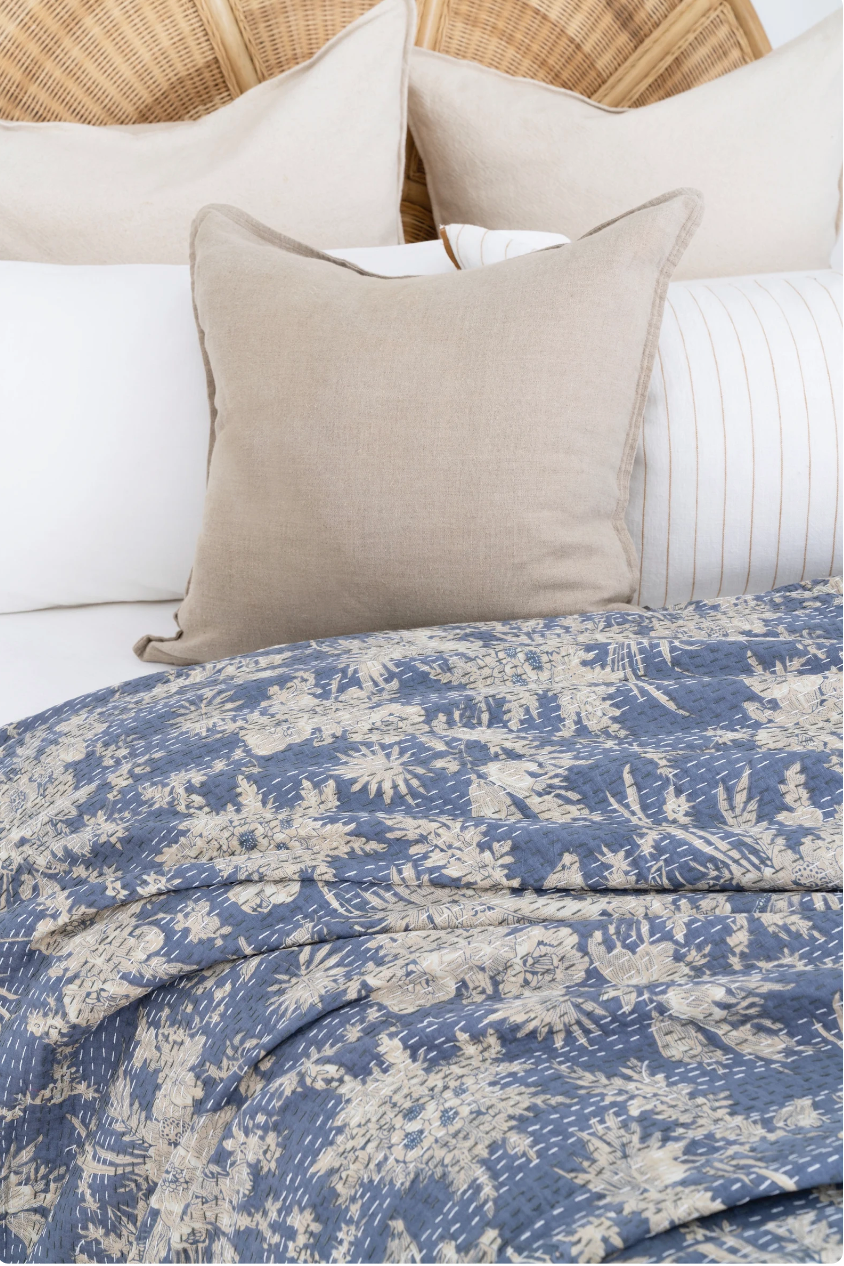 Periwinkle Block Print Bedspread with Kantha Stitch