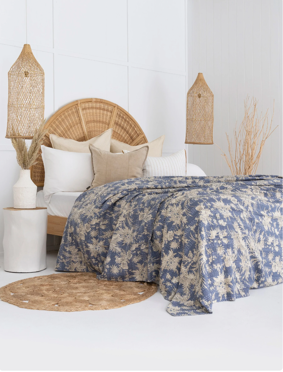 Periwinkle Block Print Bedspread with Kantha Stitch