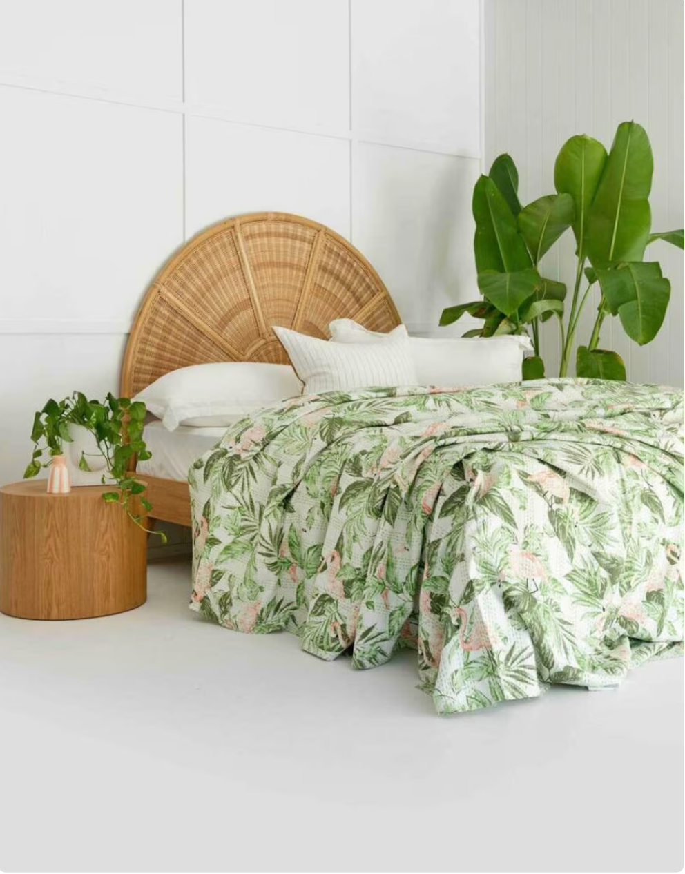 Tropical Palm Block Print Bedspread with Kantha Stitch