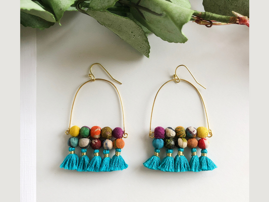 Vintage Kantha Turquoise Arch Earrings